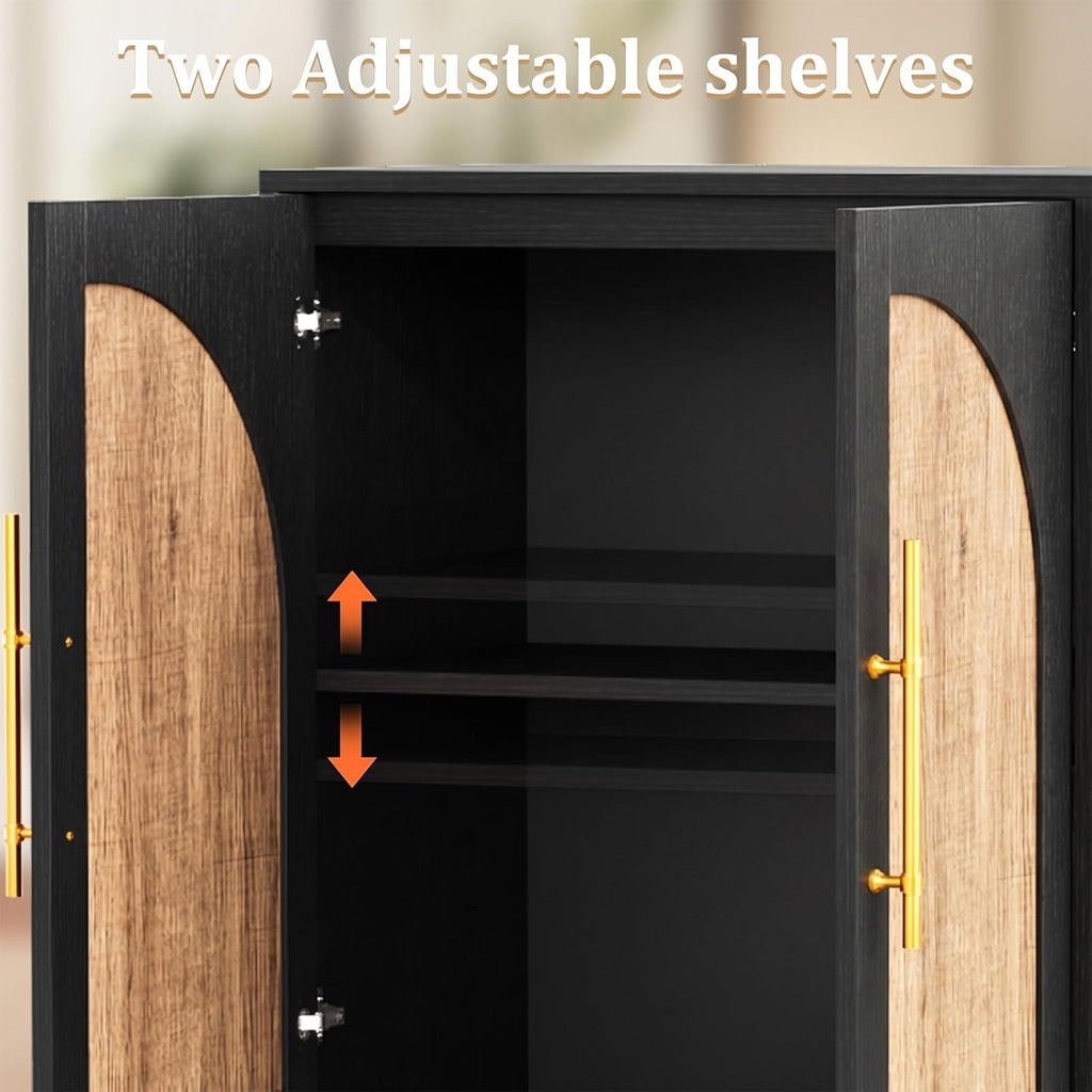 Scurrty 62" Antique Buffet Cabinet with Hutch, Vintage Sideboard Console for Dining Room & Kitchen, 2 Adjustable Shelves, Arched Doors & Metal Handles (Black)
