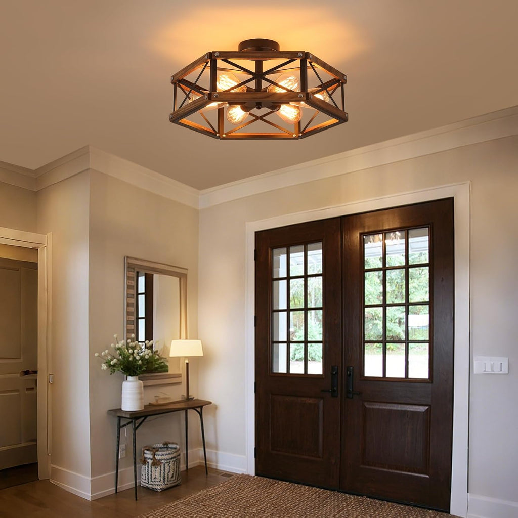 6-Light Large Rustic Farmhouse Wood Flush Mount Ceiling Light Fixture 20 inch Oak Wood and Metal Cage Semi Flush Mount Ceiling Light for Hallway Entry Dining Farmhouse Bedroom Living Room, Black