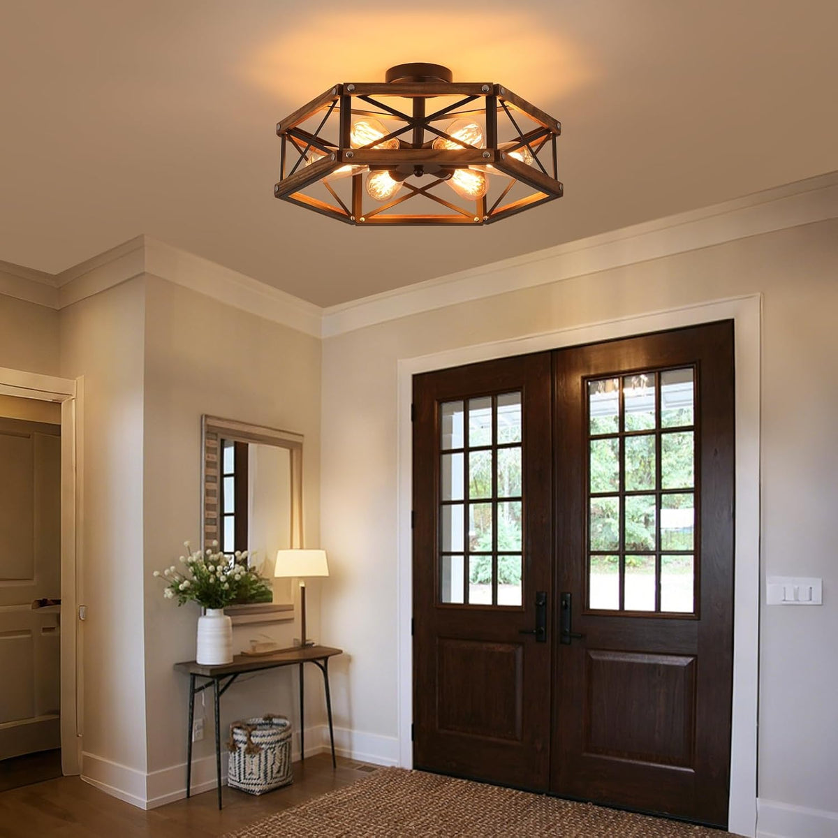 6-Light Large Rustic Farmhouse Wood Flush Mount Ceiling Light Fixture 20 inch Oak Wood and Metal Cage Semi Flush Mount Ceiling Light for Hallway Entry Dining Farmhouse Bedroom Living Room, Black