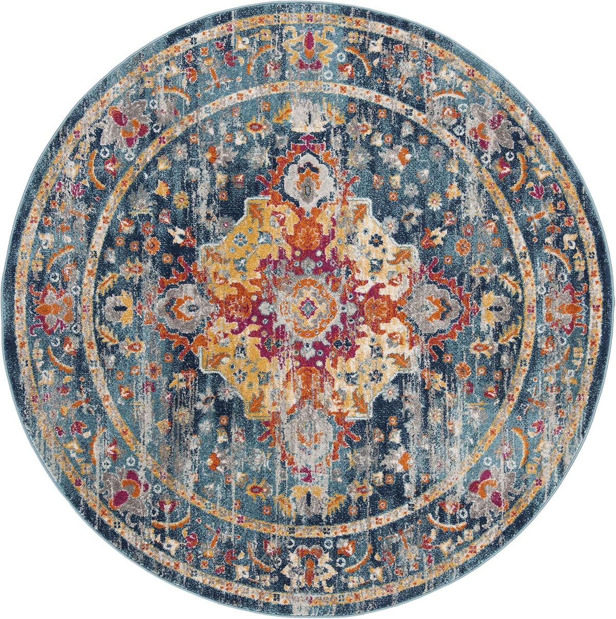 SAFAVIEH Madison Collection Area Rug - 9' Round, Teal & Fuchsia, Boho Design, Non-Shedding & Easy Care, Ideal for High Traffic Areas in Living Room, Bedroom, Dining (MAD154L-9R)