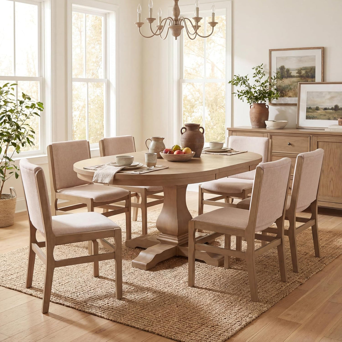 Christopher Knight Home Dean Rubber Wood Dining Chairs Set of 6, Modern Upholstered Dining Chairs, Armless Kitchen Chairs, Dining Room Living Room Accent Chair for Extra Seat, Light Natural+Beige