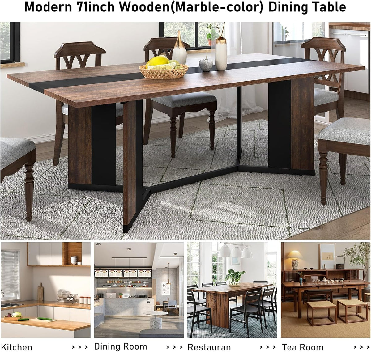Hlivelood 70Inch Large Dining Table for 4 6 People,Wooden Rectangular Kitchen Table W/Waterproof Tabletop,Large Rectangle Furniture W/Adjustable Legs,Brown Dinner Table for Kitchen Dining Room(71IN)