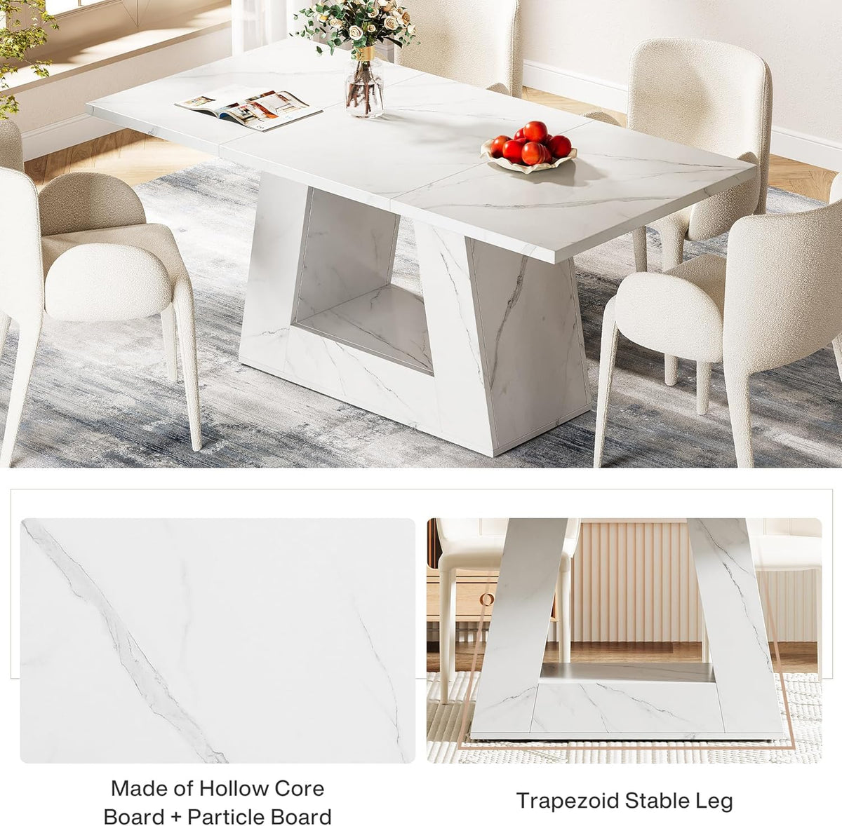 Tribesigns Dining Table for 4 to 6 People, 63" Rectangular Dining Room Table, Modern Wooden Faux Marble Dinner Table with Sturdy Base for Kitchen, Living Room