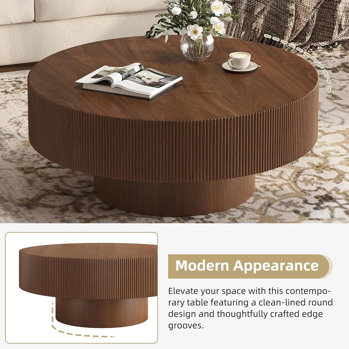 Merax Modern 35.4 Inch Round Large Coffee Table with Sturdy Base, Wood Minimalist Fluted Center Table for Living Room Reception Room, Easy Assemble, Walnut