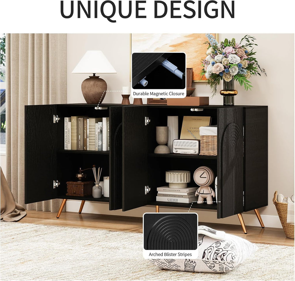 59" Black Arched Sideboard Buffet Cabinet with Adjustable Shelves, Modern Storage Cabinet with Arched 3D Carved Wood Doors, Credenza Accent Cabinet for Living Room, Dining Room, Entryway