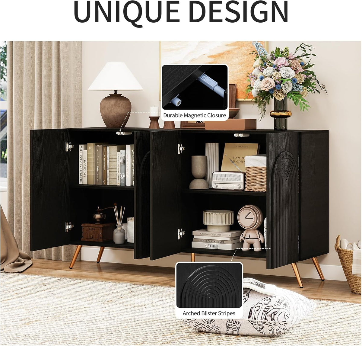 59" Black Arched Sideboard Buffet Cabinet with Adjustable Shelves, Modern Storage Cabinet with Arched 3D Carved Wood Doors, Credenza Accent Cabinet for Living Room, Dining Room, Entryway