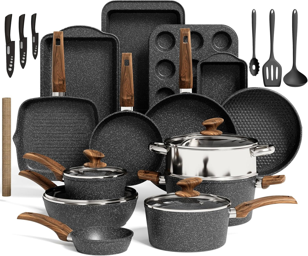 Kitchen Induction Cookware & Bakeware Set - 30 Piece Black Granite Cooking Pans Set, Non-Stick Pots and Pans Set