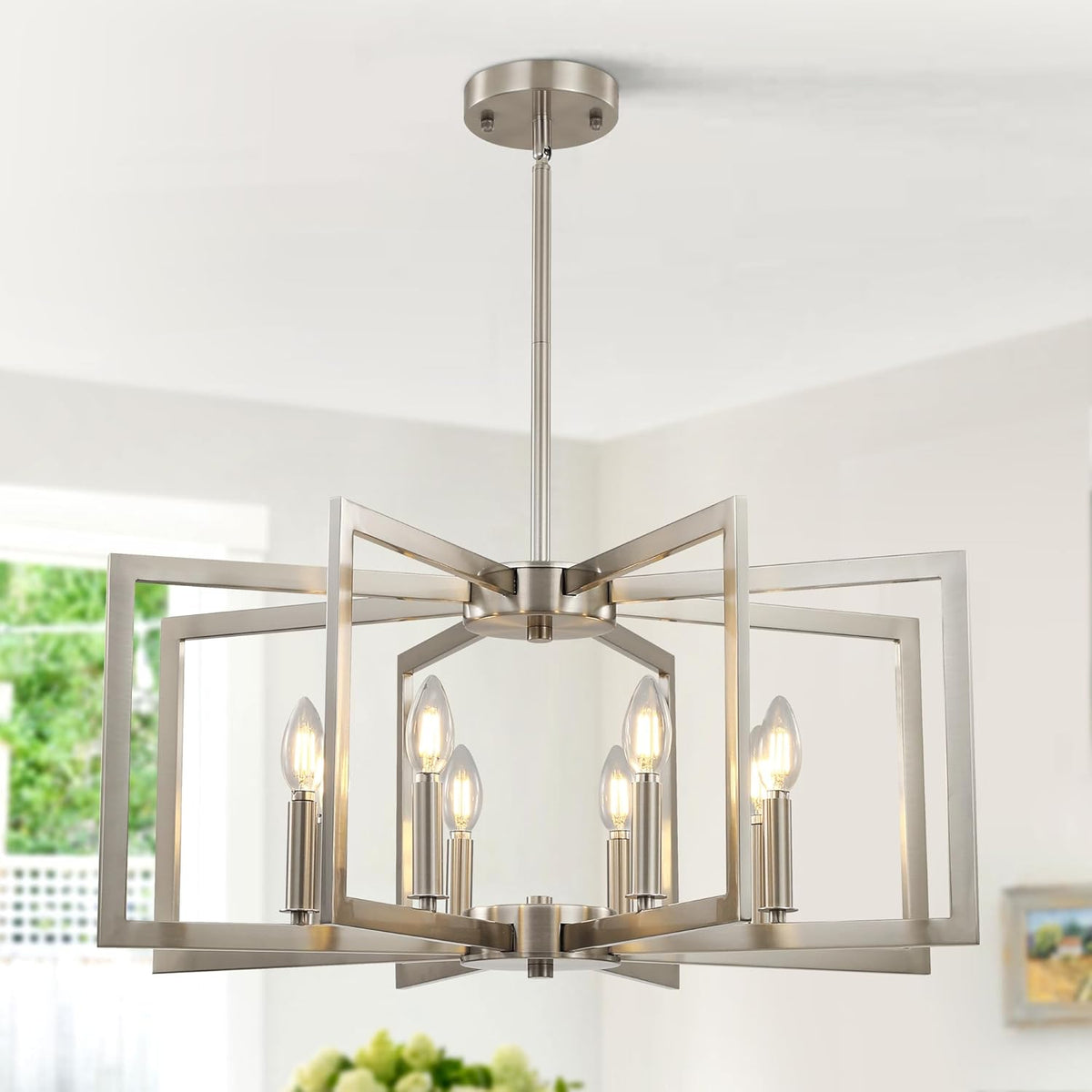 Sigaitwei 8-Light Large Brushed Nickel Chandeliers for Dining Room .Modern Industrial Pendant Lights Kitchen Island .Farmhouse Entryway Light Fixtures .Metal Geometric Chandelier for Living Room