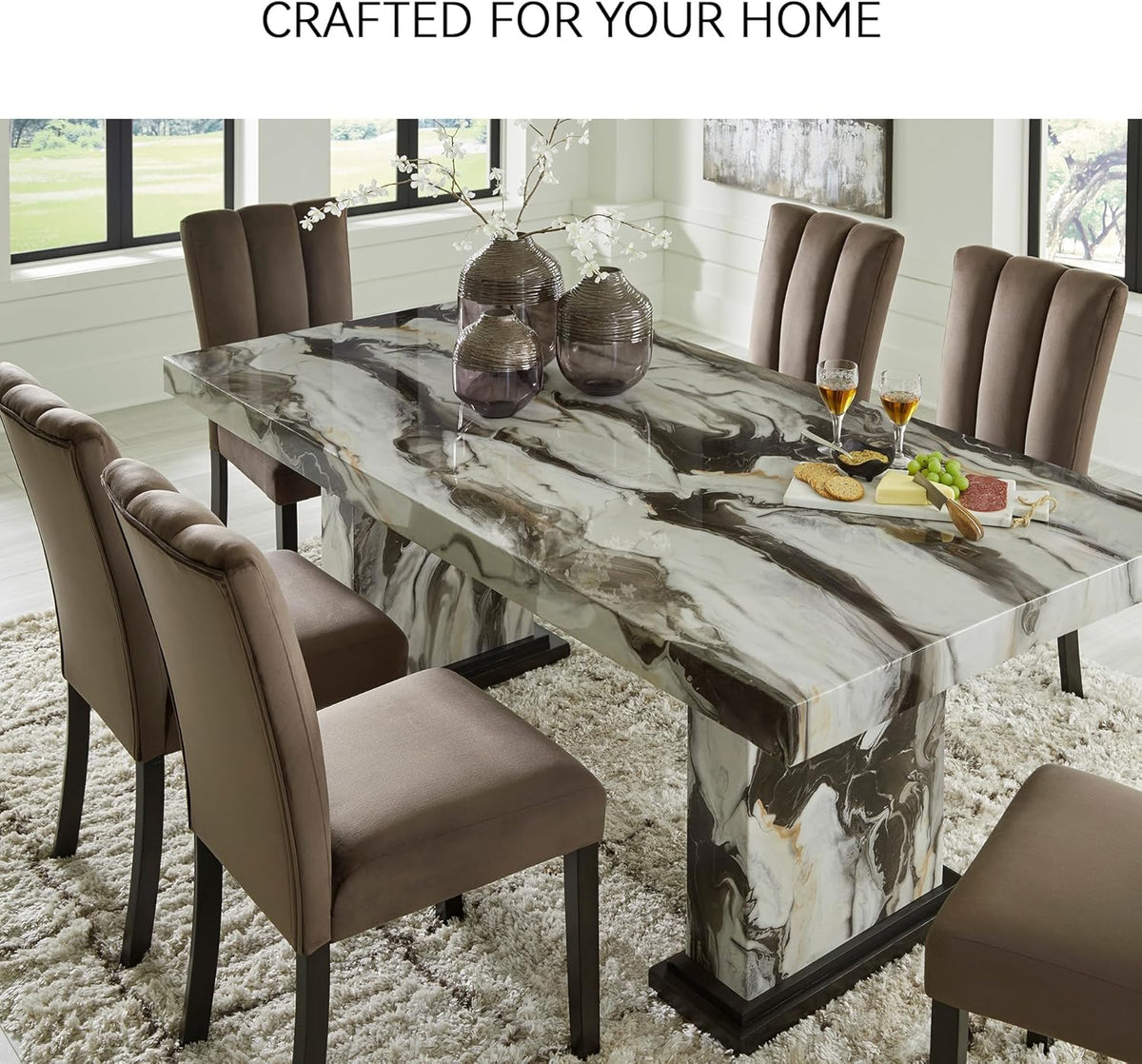 Signature Design by Ashley Jazmore Contemporary Dining Table with Double Pedestal Base, Dark Brown & Beige