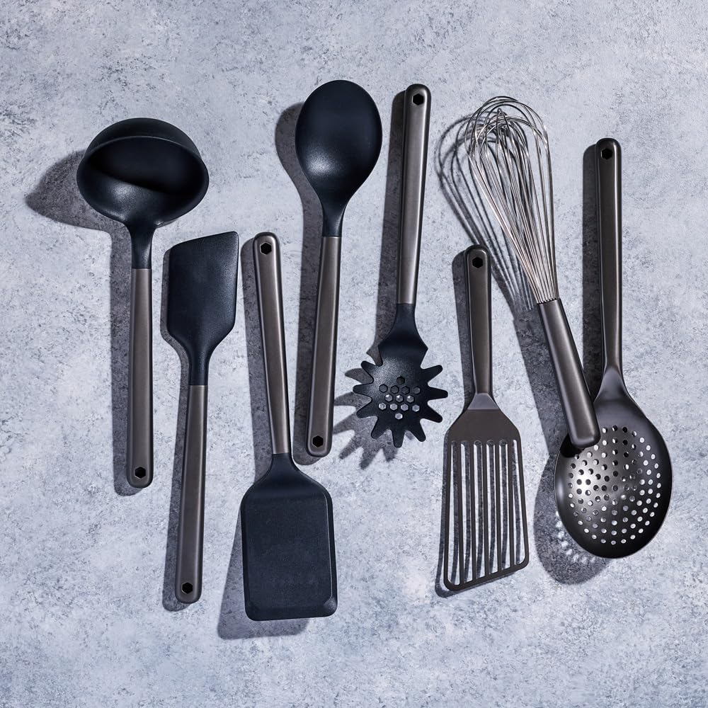 HexClad 9-Piece Kitchen Utensil Set, 9 Stainless Steel & Silicone Tools with a Fingerprint-Resistant Metallic Finish, Heat-Resistant to 450°F, Dishwasher-Safe, Includes Non-Slip Ceramic Crock Holder