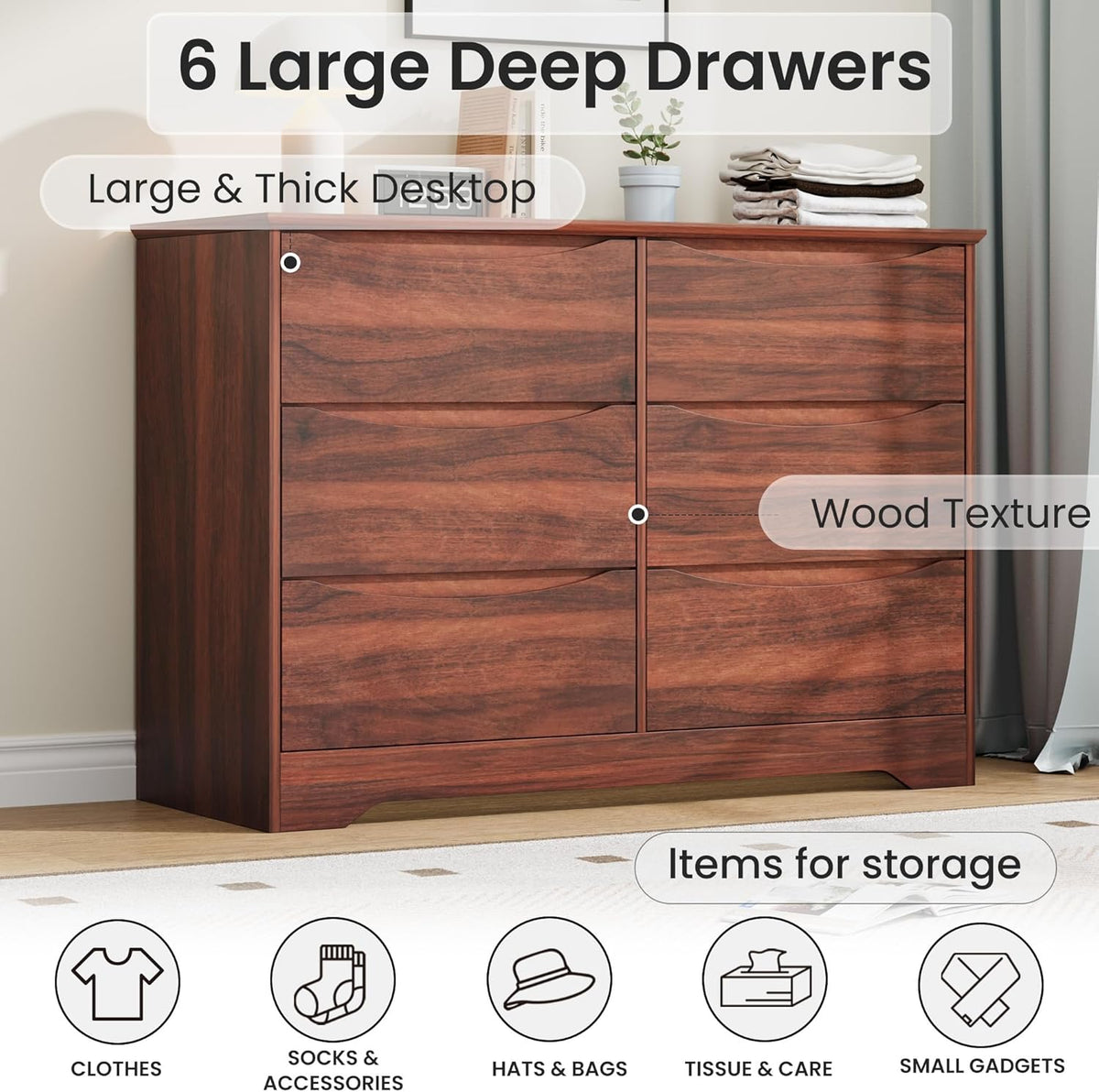 GarveeHome Wooden Dresser with 6 Drawers, Tall Modern Closet with Deep Storage, Large Chest of Drawers with Wide Top, Long Storage Dresser for Bedroom, Living Room, Hallway, Kids Room, Red Walnut