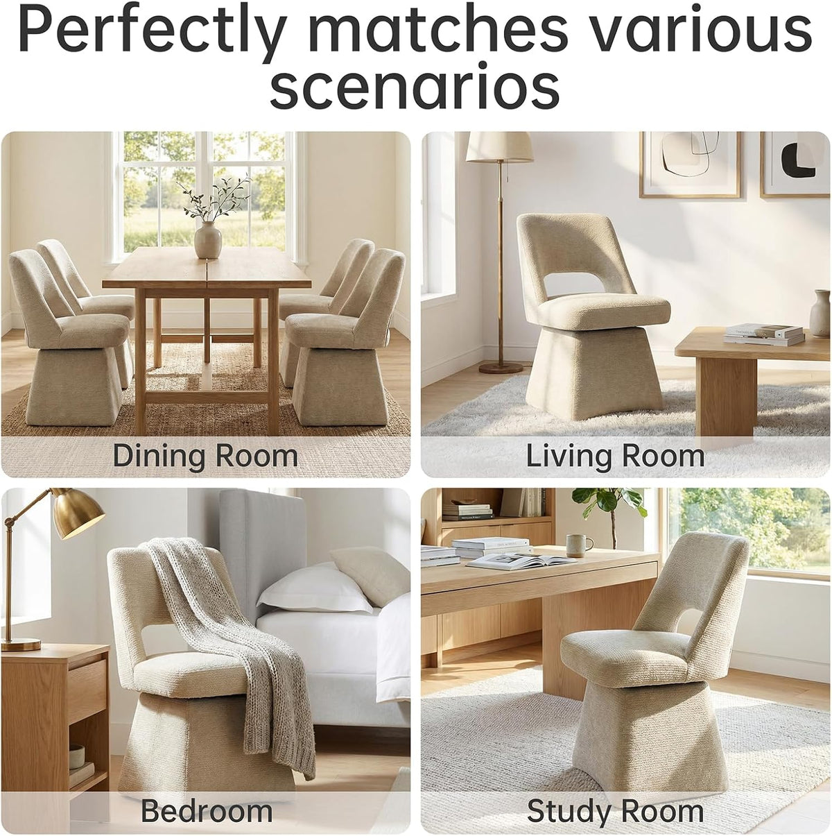 VKNOW Upholstered Swivel Dining Chairs Set of 4, Modern Dining Room Chairs with Open Back, Chenille Fabric Kitchen Chairs for Dining Room, Living Room, Bedroom, Vanity, Khaki