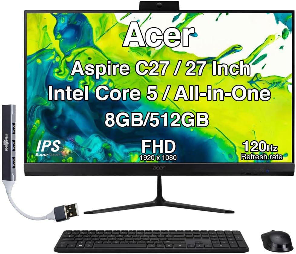 Acer Aspire C27 All-in-One Desktop, 27" IPS FHD Display (Intel Core 5 120U, 8GB DDR5, 512GB PCIe SSD, Wi-Fi 6E, Webcam, Wireless Keyboard and Mouse, Bluetooth 5.3, Win 11 Home) with USB Hub