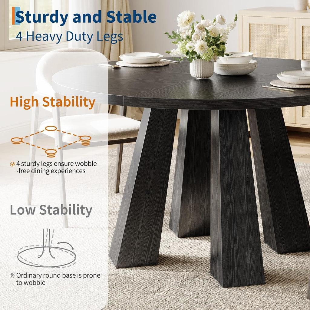 IDEALHOUSE 47" Round Dining Table for 4-6, Wood Kitchen Table with Sturdy Base, Farmhouse Circle Dinner Table for Dining Room, Living Room, 4 Strong Legs, Black
