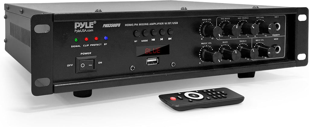 Pyle Bluetooth PA Mixing Amplifier - 500W Home Audio Rack Mount Stereo Power Amplifier, Digital LED Display, USB/AUX/Mic, Optical/Coaxial, AC-3, 70V/100V Output - PMX3500PH