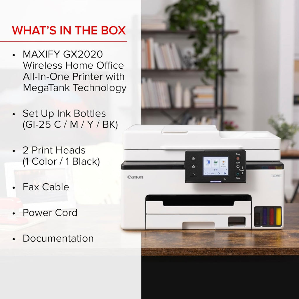 Canon MegaTank MAXIFY GX2020 All-in-One Wireless Color Printer – Print, Copy, Scan with Duplex Printing – Refillable Tank System, Compact Desktop Design – Wireless Print Scan Copy for Home & Office