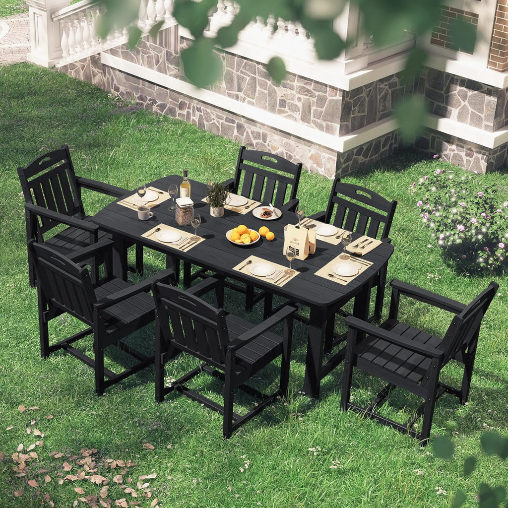 HDPE Outdoor Dining Set, Patio Table and Chairs Set, All-Weather 7-Piece Outside Table and 6 Chairs, 2" Umbrella Hole, Outdoor Furniture for Garden, Poolside, Backyard, Deck | Black