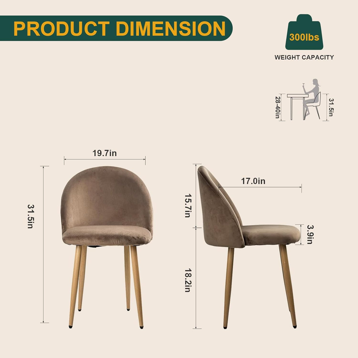 Dining Chairs Set of 2, Velvet Comfortable Seats, Mid-Century Modern Living Room Chairs, Upholstered Kitchen Chairs with Wooden Legs and Padded Seat for Bedroom Office Easy Assembly, Brown