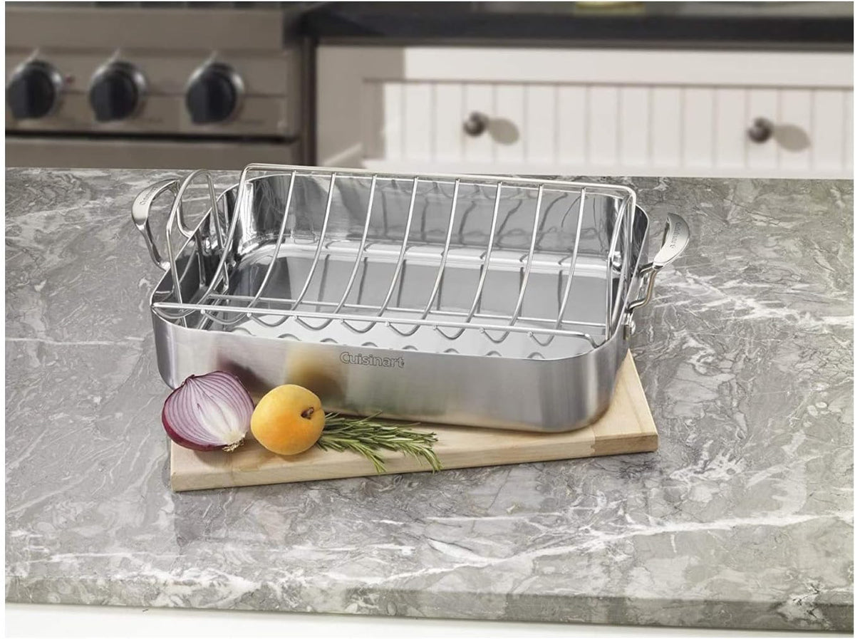 Cuisinart Multiclad Pro Triple Ply Stainless Cookware 16-inch Roasting Pan Skillet, Rectangular Roaster w/Rack