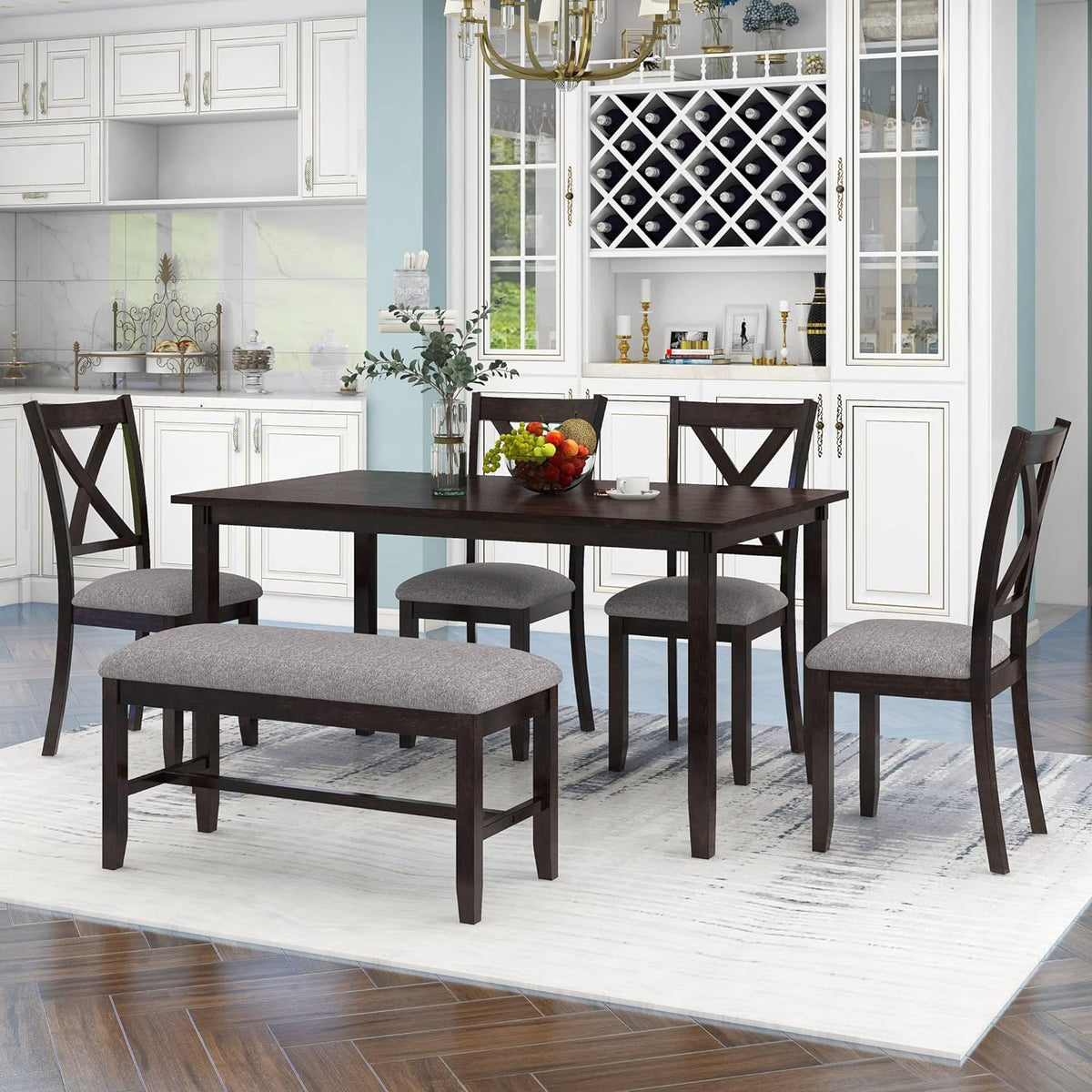Merax 6 Piece Kitchen Dining Table Set, Wood Rectangular Table and 4 Dining Chairs with Cushions and 1 Bench with Cushion, Kitchen Dining Room Table Set for 6 (Espresso)