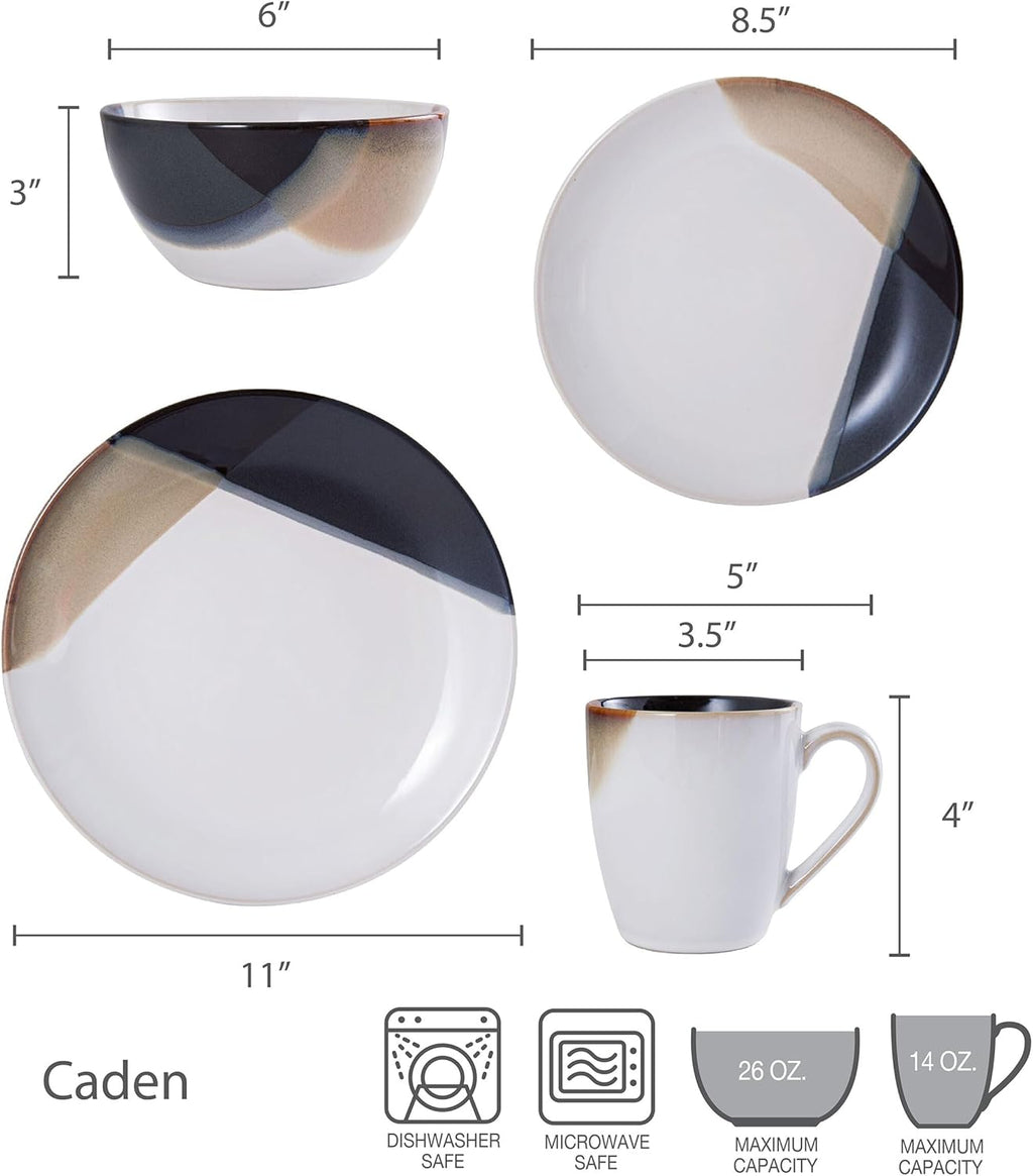 Mikasa Gourmet Basics Caden 16-Piece Stoneware Dinnerware Set, Service for 4, White Glossy Center with Black and Tan Two-Tone Reactive Glaze, Dishwasher and Microwave Safe