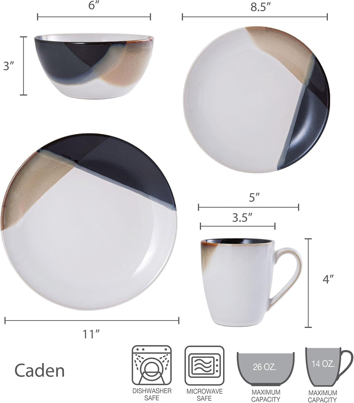 Mikasa Gourmet Basics Caden 16-Piece Stoneware Dinnerware Set, Service for 4, White Glossy Center with Black and Tan Two-Tone Reactive Glaze, Dishwasher and Microwave Safe