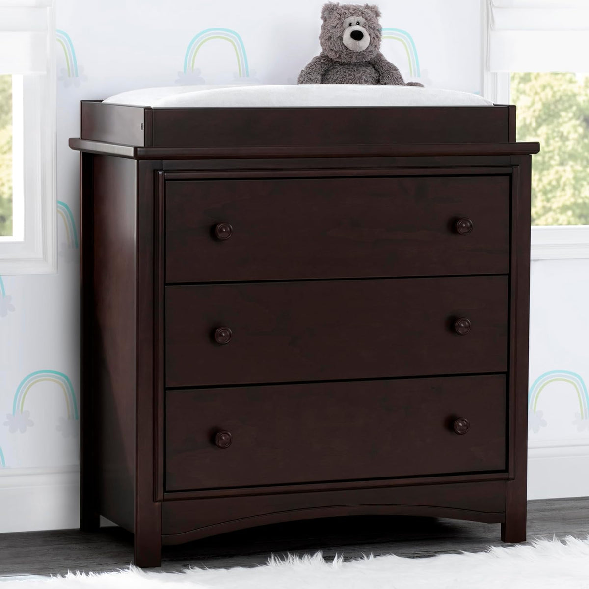 Delta Children Perry 3 Drawer Dresser with Changing Top and Interlocking Drawers, Walnut Espresso