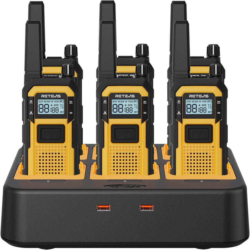 Retevis RB48 Walkie Talkies for Adults, Heavy Duty 2 Way Radios Long Range with Six-Way Charger, IP67 Waterproof, Shock Resistant, Dual PTT, for Jobsite Construction(6 Pack)
