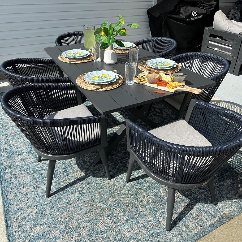 PURPLE LEAF 2 Pieces Outdoor Dining Chairs All-Weather Rattan for Lawn Garden Backyard Deck Patio Dining Chairs with Cushions, Navy Blue and Gray