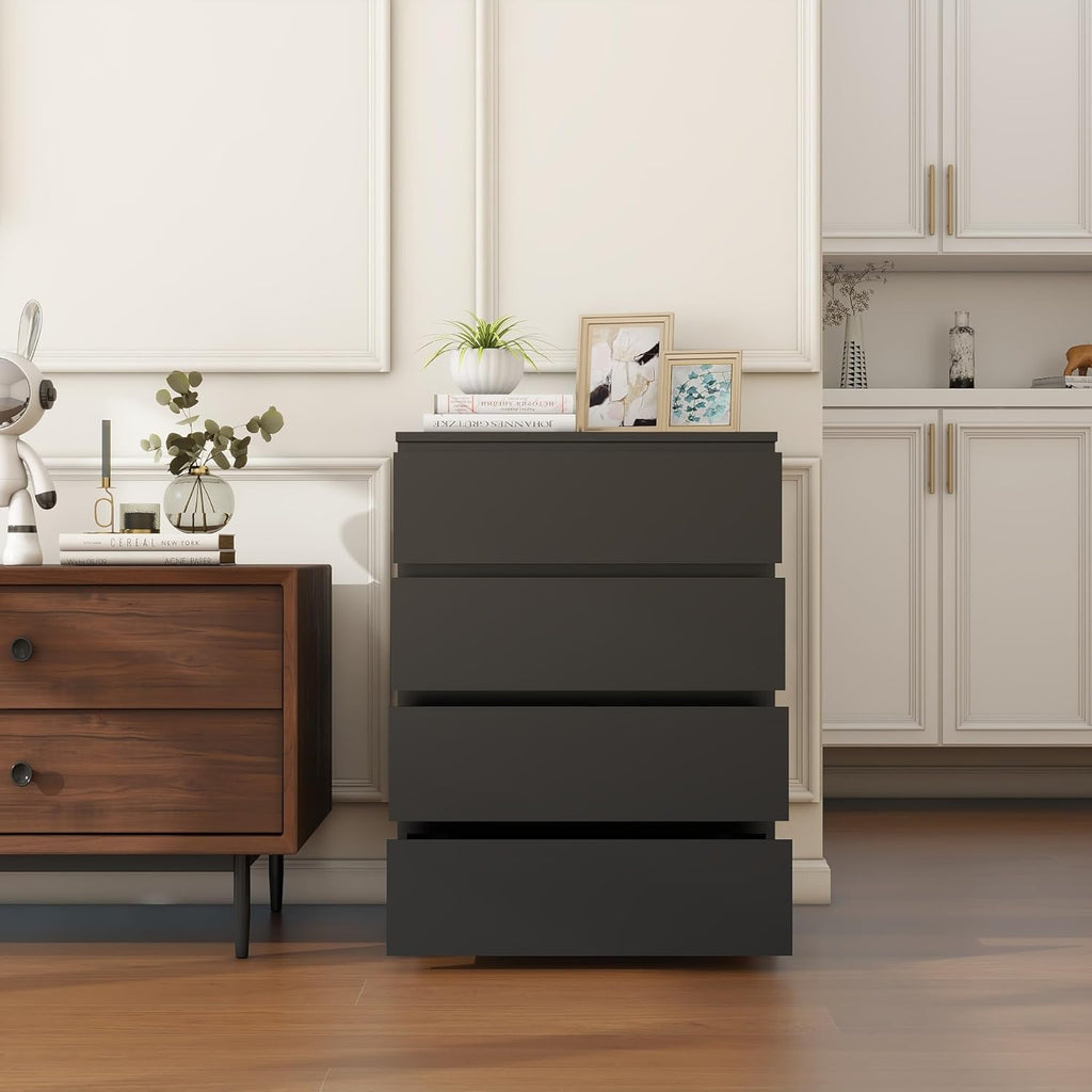 Modern Chest of Drawers, 4/5/6 Drawer Dresser Without Handles Floor Storage Drawer Cabinet Vertical Dresser Storage Organizer for Home Office (4 Drawers, Black)
