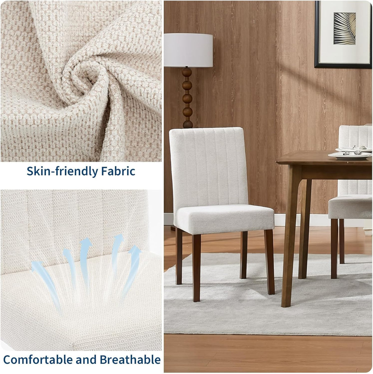 IDEALHOUSE Dining Chairs Set of 6, Farmhouse Tufted Parsons Chairs Stylish Kitchen Chairs Upholstered Fabric Kitchen Chairs with Wood Legs and Padded Seat, for Dining Room, Living Room, Beige
