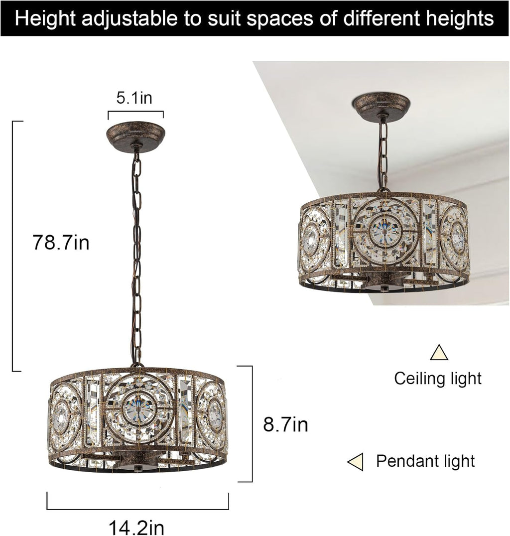 Bronze Vintage Crystal Chandeliers for Dining Room 14.17" Drum Pendant Lights, Dining Room Light Fixtures Over Table, Hanging Chandelier for High Ceiling Kitchen Island Living Room Foyer