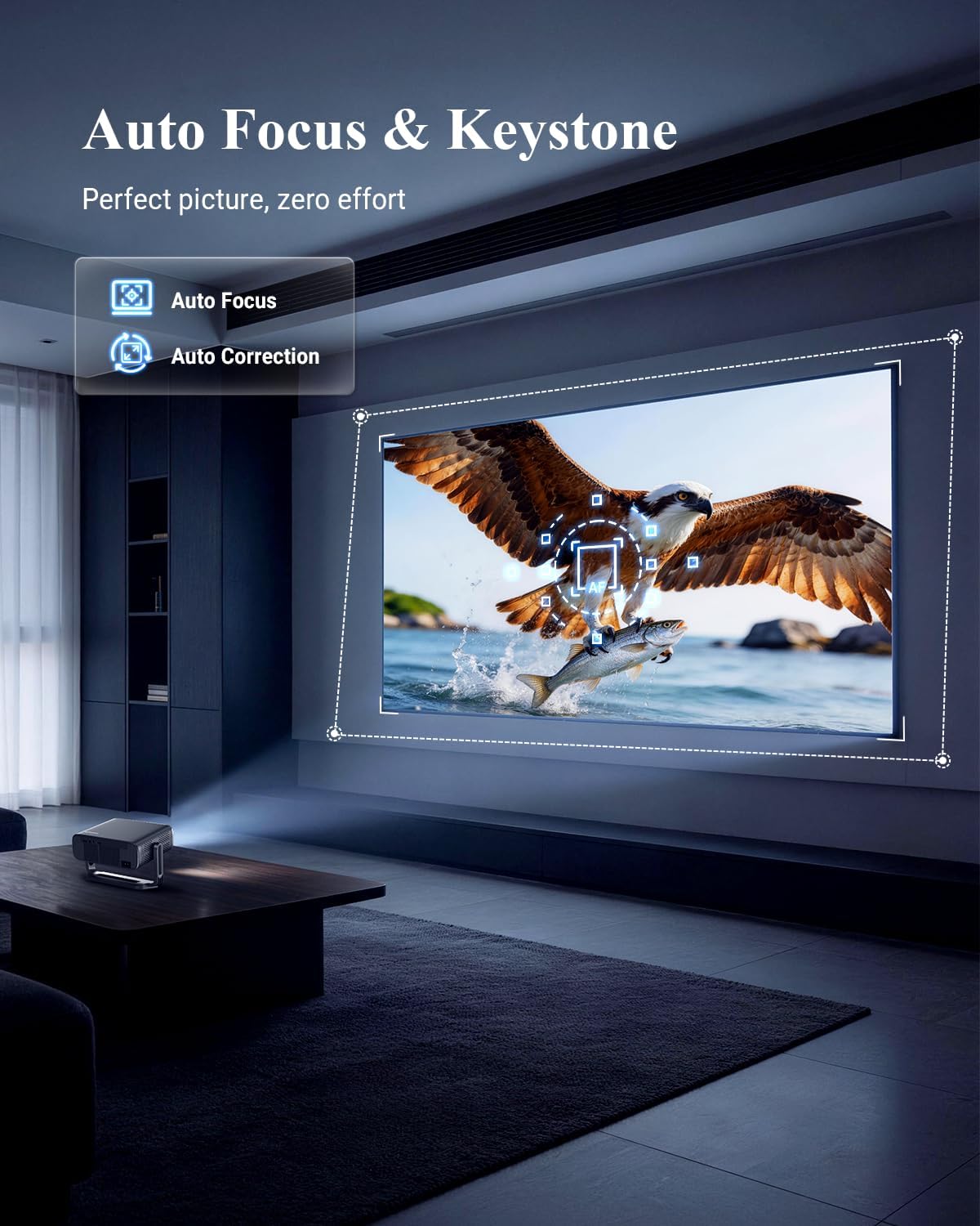 Smart Projector Built in Google TV and 4K Support with WiFi and Bluetooth, 2500ANSI, Auto Lens Cap, Portable Outdoor Movie Projector with Built-in Apps Auto Focus for Ceiling/Home Theater/Bedroom