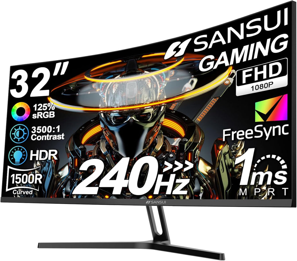 SANSUI 32 Inch Curved 240Hz Gaming Monitor High Refresh Rate, FHD 1080P Gaming PC Monitor HDMI DP1.4, Curved 1500R, 1Ms MPRT, HDR,Metal Stand,VESA Compatible(DP Cable Incl.)
