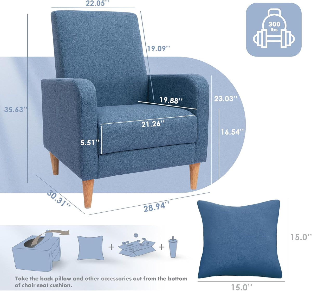 COLAMY Fabric Accent Living Room Chairs Set of 2, Upholstered Arm Chair Reading Side Chair, Single Sofa with Back Pillow and Wood Legs, Blue