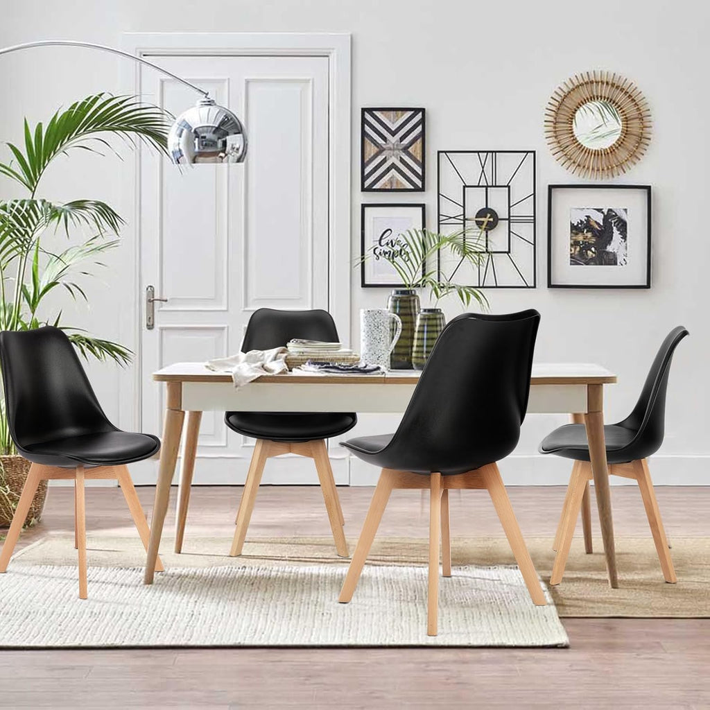 OLIXIS Dining Chairs Set of 8 Kitchen Mid Century Modern Chairs with Wood Legs and PU Leather Cushion for Living Room Bedroom Outdoor Lounge, Black