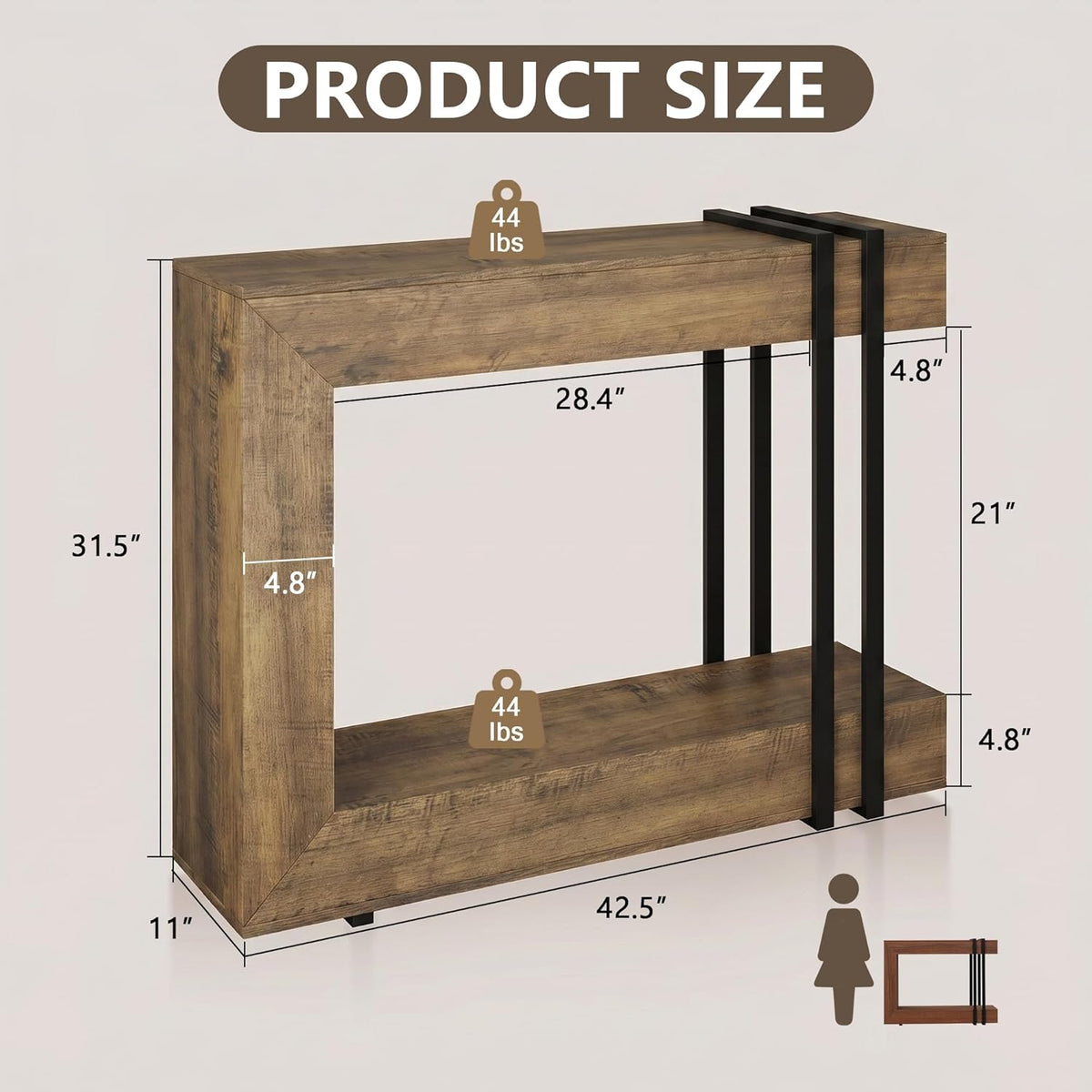 Einhomn 42.5" Console Table Behind Couch, 2-Tier Narrow Entryway Table with Storage, Wood Sofa Tables for Hallway/Entrance/Living Room/Foyer, Rustic Brown