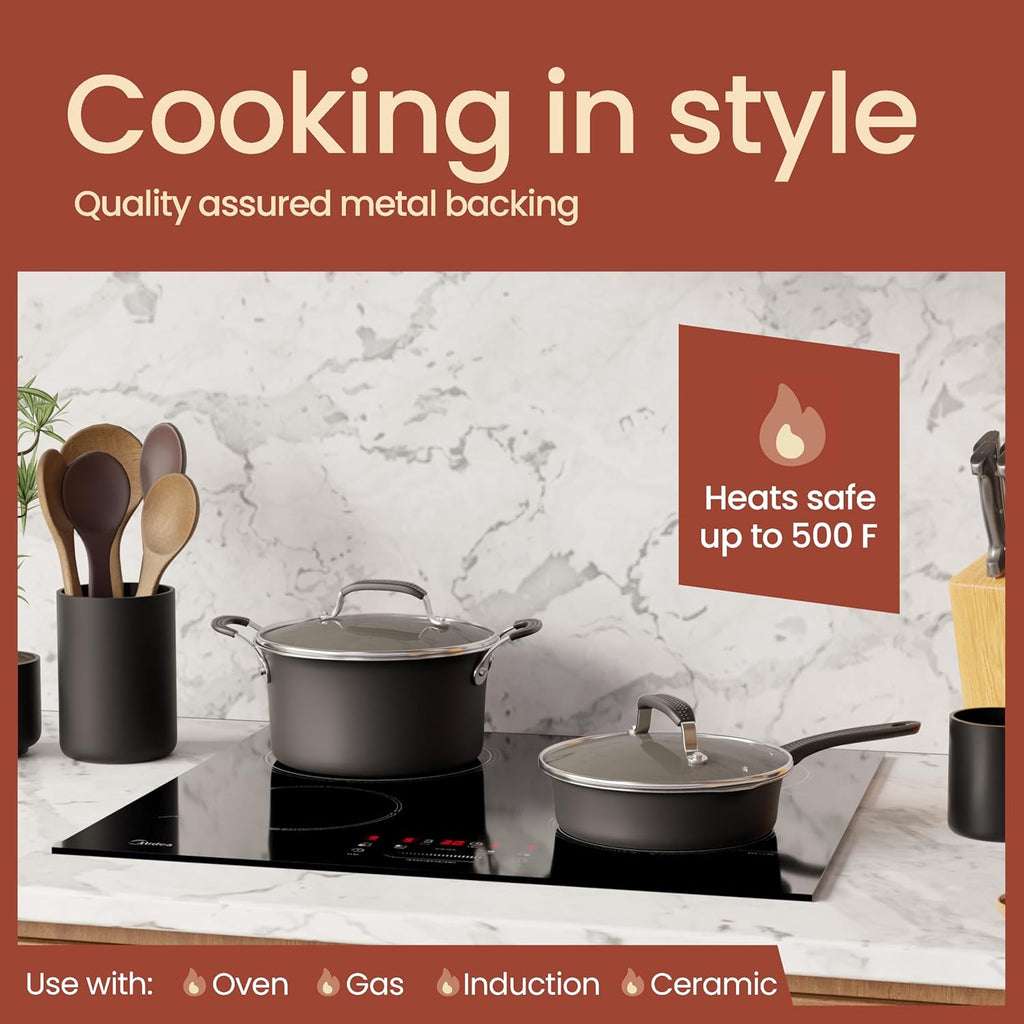 Pots and Pans Set, 22-Piece Non Stick Cookware & Bakeware Sets with Plaid Pattern, Stackable Design, Dishwasher Safe, Stain-resistant, Oven & All-Stove Safe, Tempered Glass Lid, Black