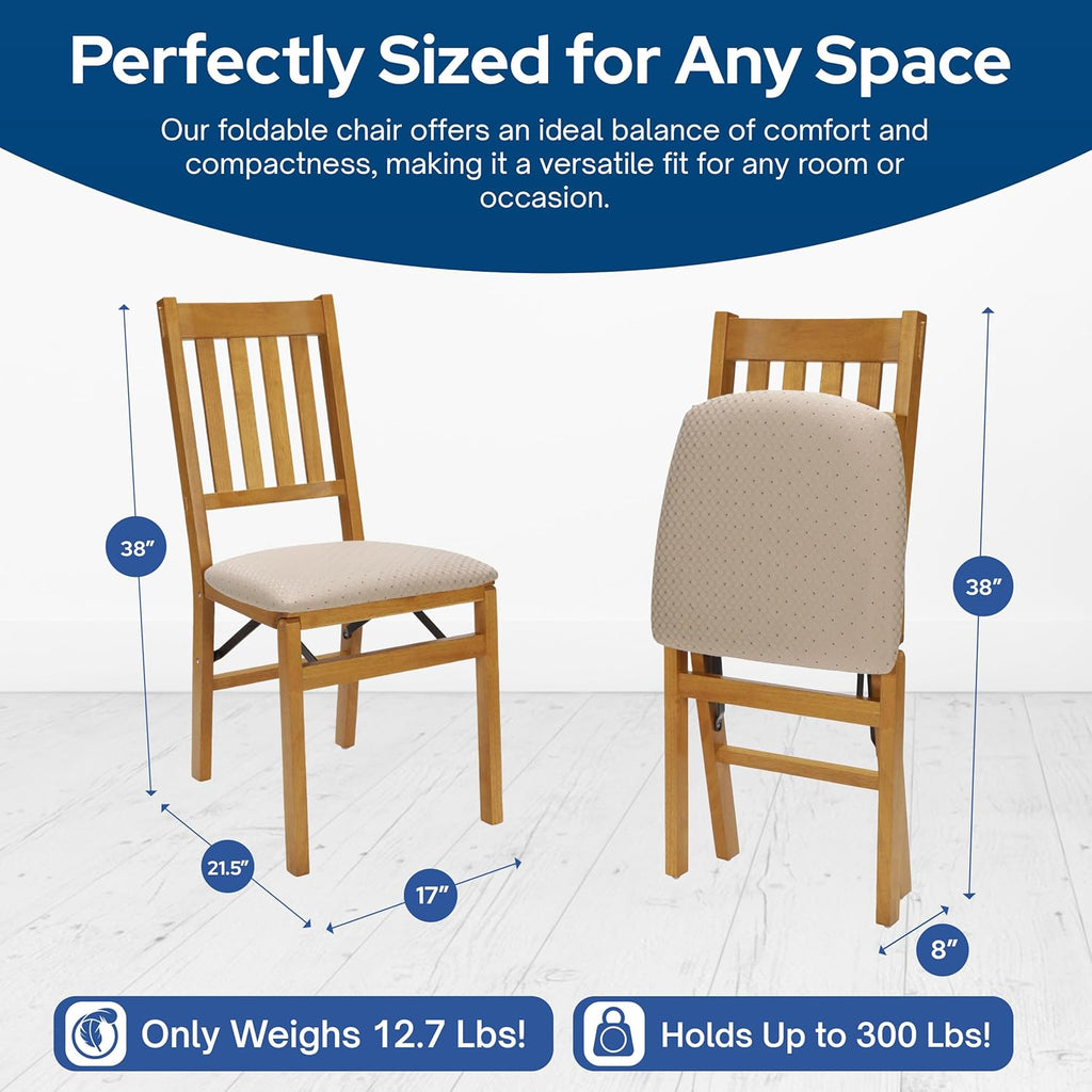 MECO Stakmore Arts and Craft Wooden Folding Chairs with Padded Seats, Set of 2 - No Assembly Foldable Dining Chairs, Steel Folding Mechanism, Upholstered Cushion, Space-Saving, Oak Frame