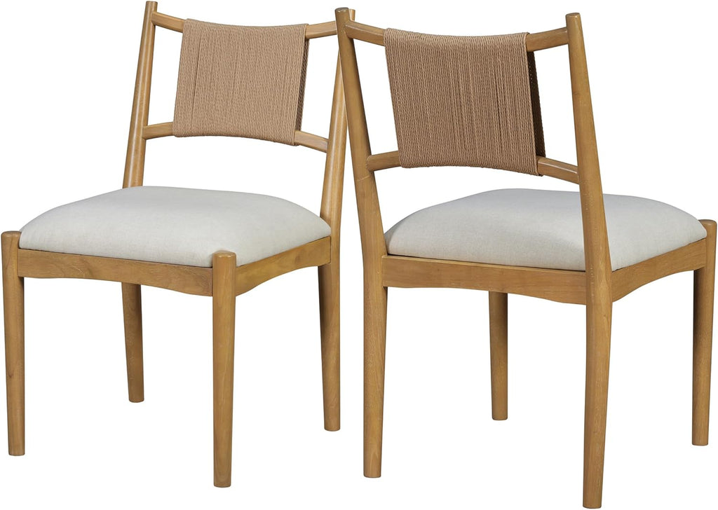 Christopher Knight Home Yudidi Mid Century Modern Dining Chairs Set of 2, Dining Room Chairs with Fabric Upholstery, Rubberwood Frame Kitchen Chairs with Paper Rope Backrest, Beige+Light Brown+Natural