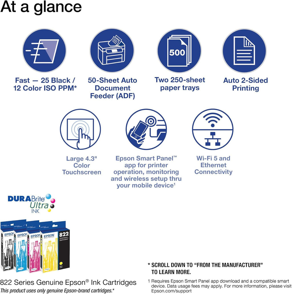 Epson Workforce Pro WF-4833 Wireless All-in-One Color Inkjet Printer, Black - Print Scan Copy Fax - 25 ppm, 4800 x 2400 dpi, 4.3" Touchscreen, Auto 2-Sided Printing, 50-Sheet ADF, 500-Sheet, Ethernet