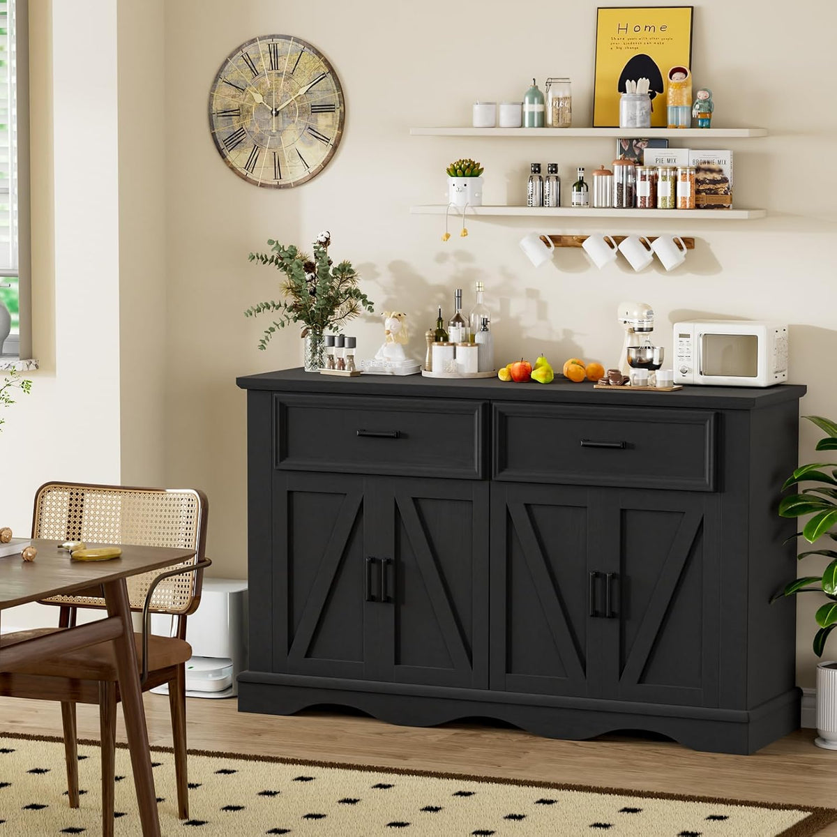 56" Large Wooden Buffet Cabinet with Storage, Modern Coffee Bar and Wine Bar, Wave Base Design, Multi-Purpose Buffet Table with Charging Station for Dining Room, Kitchen or Living Room, Black