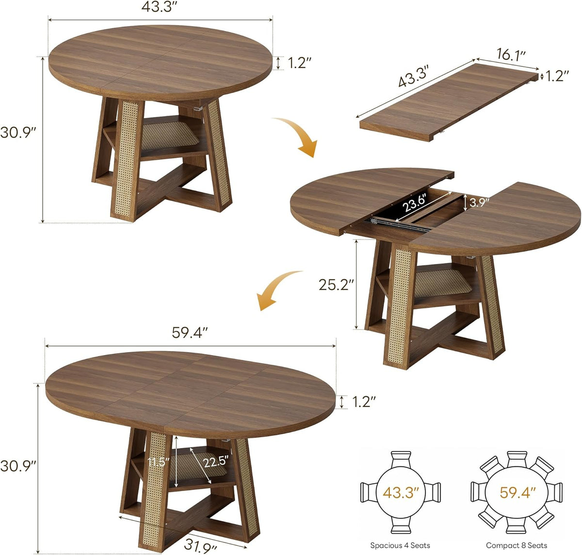 LIKIMIO 43"-59" Extendable Round Dining Table for 4-8, Oval Dining Room Table with Removable Leaves Space Saving, Wood Base Kitchen Table with Storage Shelf for Living Room, Walnut