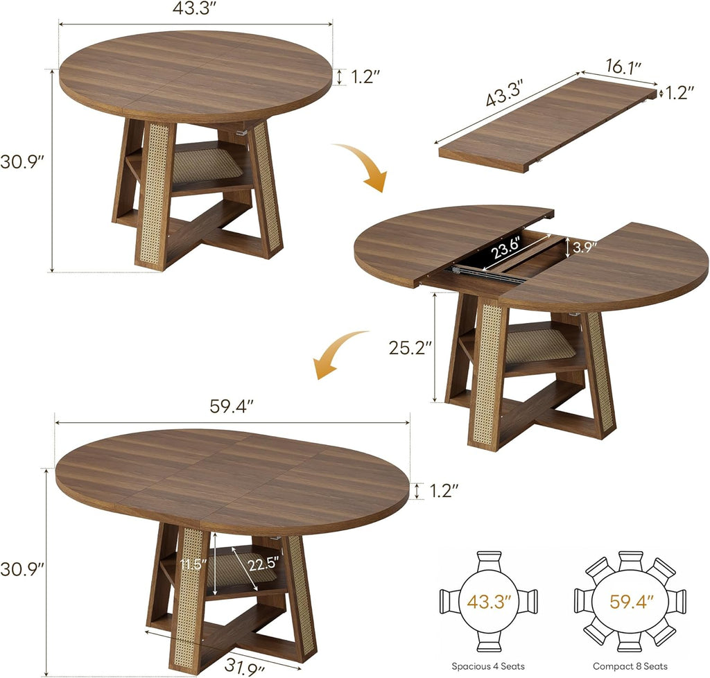 LIKIMIO 43"-59" Extendable Round Dining Table for 4-8, Oval Dining Room Table with Removable Leaves Space Saving, Wood Base Kitchen Table with Storage Shelf for Living Room, Walnut