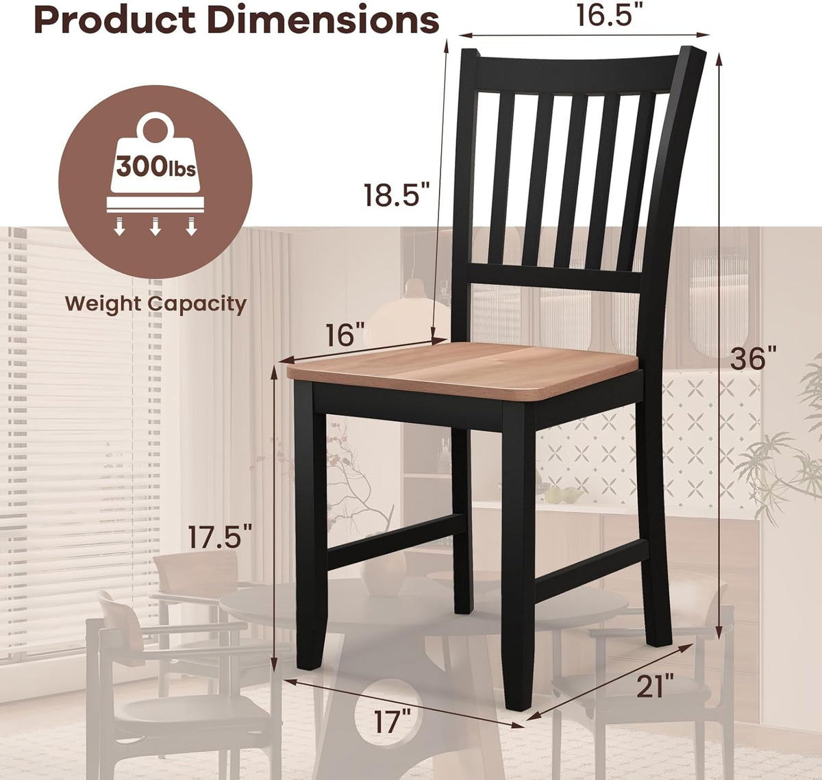 NAFORT Wood Dining Chairs Set of 4, High Back Kitchen Chairs with Solid Rubber Wood Legs, Non-Slip Foot Pads, Max Load 300 Lbs, Farmhouse Seat Dining Room Chairs