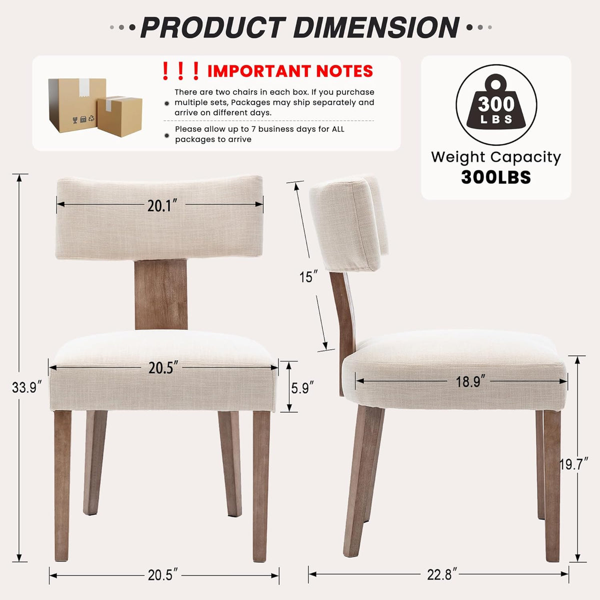 HNY Mid Century Modern Dining Chairs Set of 4, Farmhouse Linen Fabric Upholstered Accent Curved Backrest Kitchen Chairs, with Hardwood Frame, Beige