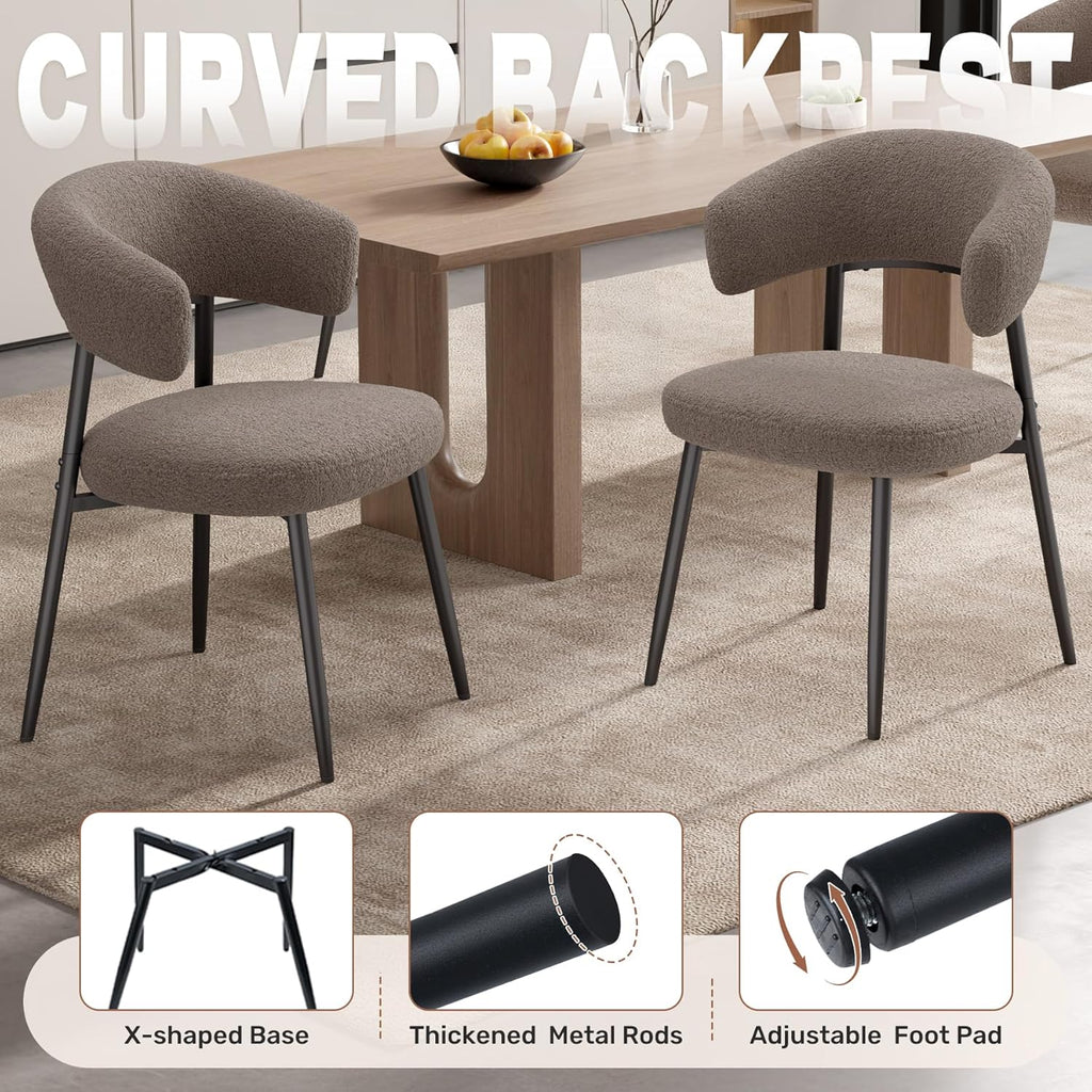 Dining Chairs Set of 4, Mid Century Modern Kitchen Chairs, Boucle Upholstered Dining Chair with Curved Backrest & Metal Legs for Kitchen Dining Room, Brown