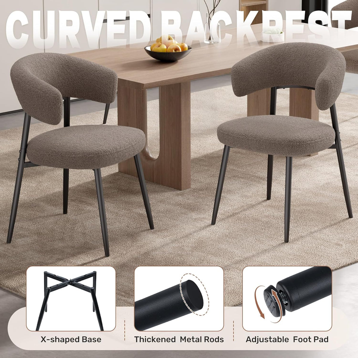 Dining Chairs Set of 4, Mid Century Modern Kitchen Chairs, Boucle Upholstered Dining Chair with Curved Backrest & Metal Legs for Kitchen Dining Room, Brown