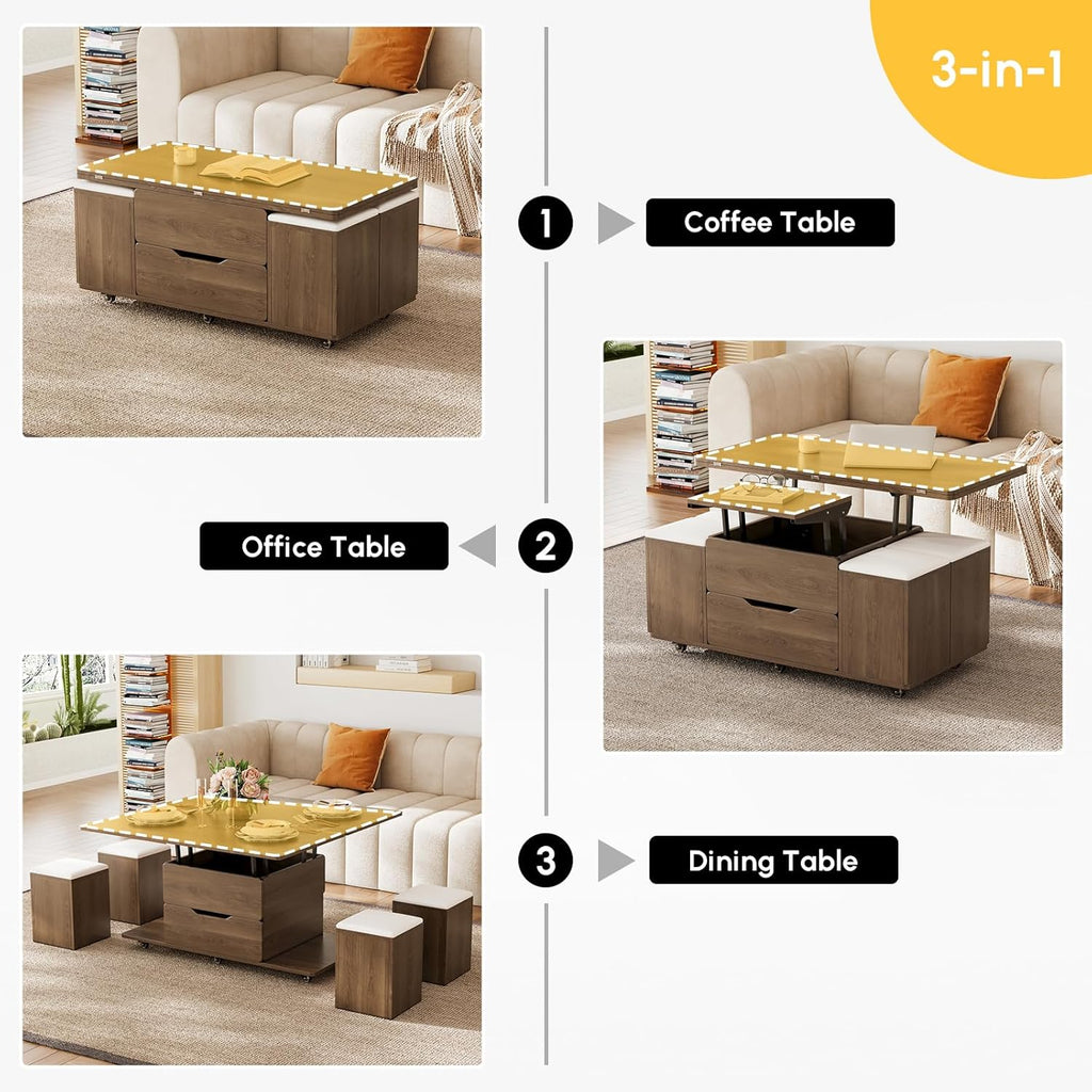 homary Lift-Top Coffee Table with Hidden Storage, 3-in-1 Modern Folding Center Table with 4 Stools, Casters, and Lockable Wheels – Convertible Dining & Office Table for Living Room (Walnut)