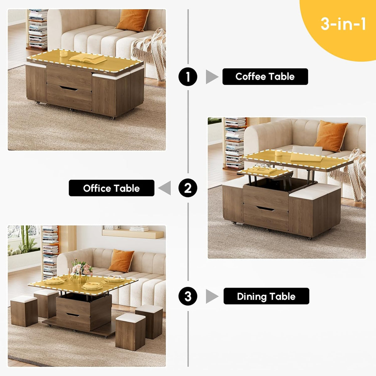 homary Lift-Top Coffee Table with Hidden Storage, 3-in-1 Modern Folding Center Table with 4 Stools, Casters, and Lockable Wheels – Convertible Dining & Office Table for Living Room (Walnut)
